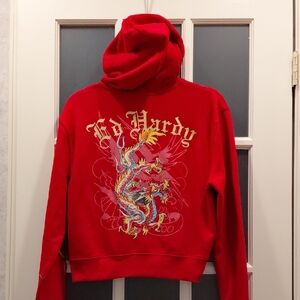 "Ed Hardy" Sz. M, Flawless, Vibrant Red Women's Sweater with Dragon Motif